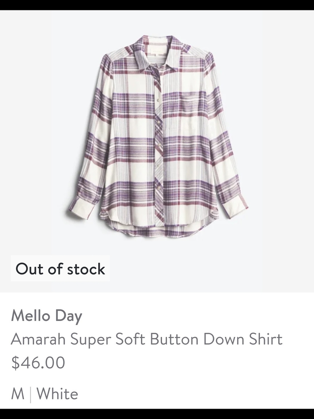 Mello Day Amarah Super Soft Button-Down Shirt in White & Lavender Plaid